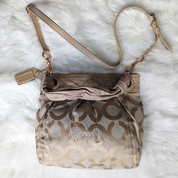 COACH Signature Logo 2 Way Shoulder Bag Tan Purse - Picture 3 of 9